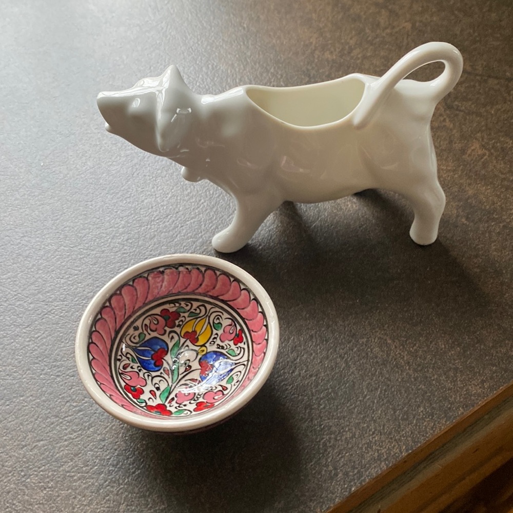 White Cow Pitcher with Colorful Handmade Bowl
